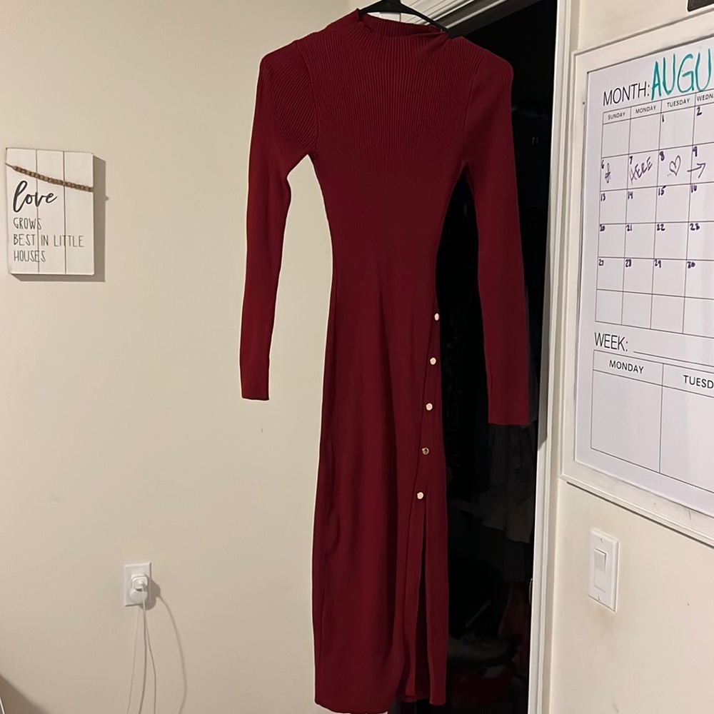Dark red/ burgundy long sleeve dress with split, size medium